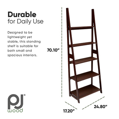 PJ Wood 5 Tier Wooden Ladder Shelf Organizer Bookcase Home Display, Espresso