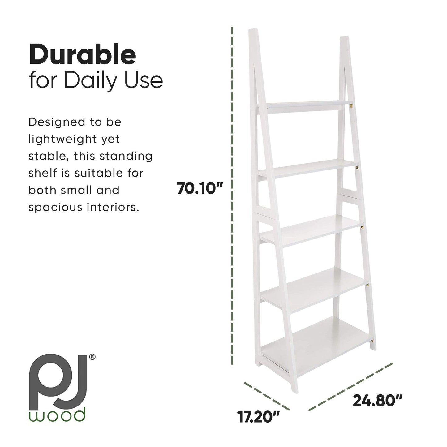 PJ Wood 5 Tier Wooden Ladder Shelf Organizer Bookcase Home Display Stand, White