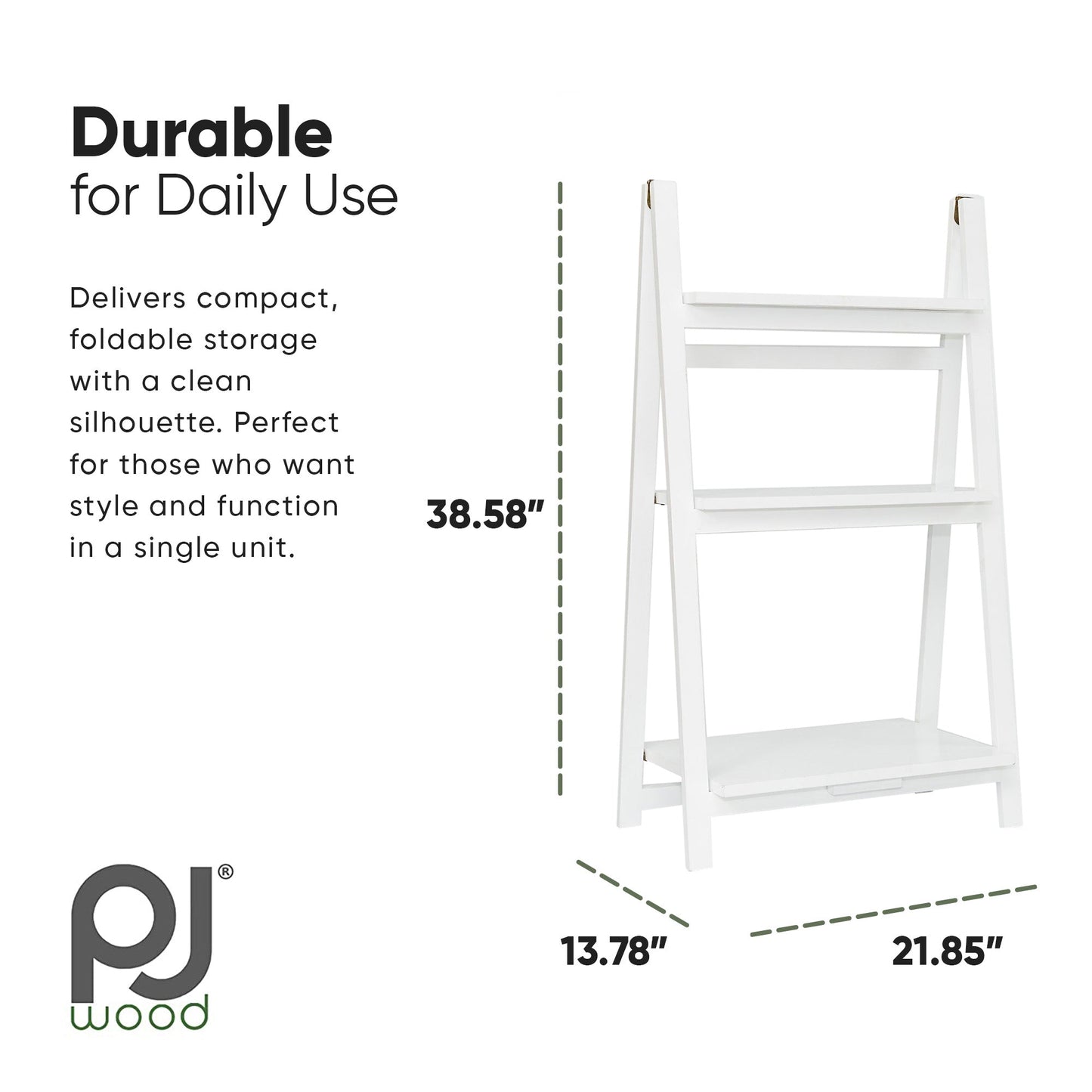PJ Wood 3 Tier Foldable Bookshelf Wooden Storage Rack Home Display Stand, White