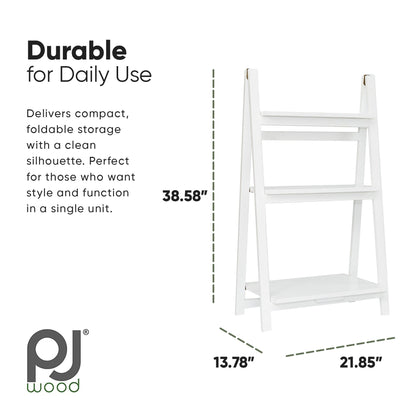 PJ Wood 3 Tier Foldable Bookshelf Wooden Storage Rack Home Display Stand, White