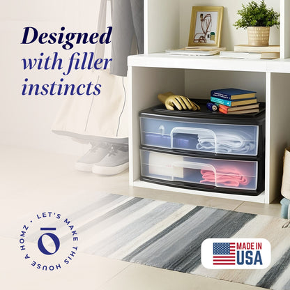 Homz Plastic 2 Drawer Wide Storage Cart, Black Frame with Clear Drawer, 2 Pack