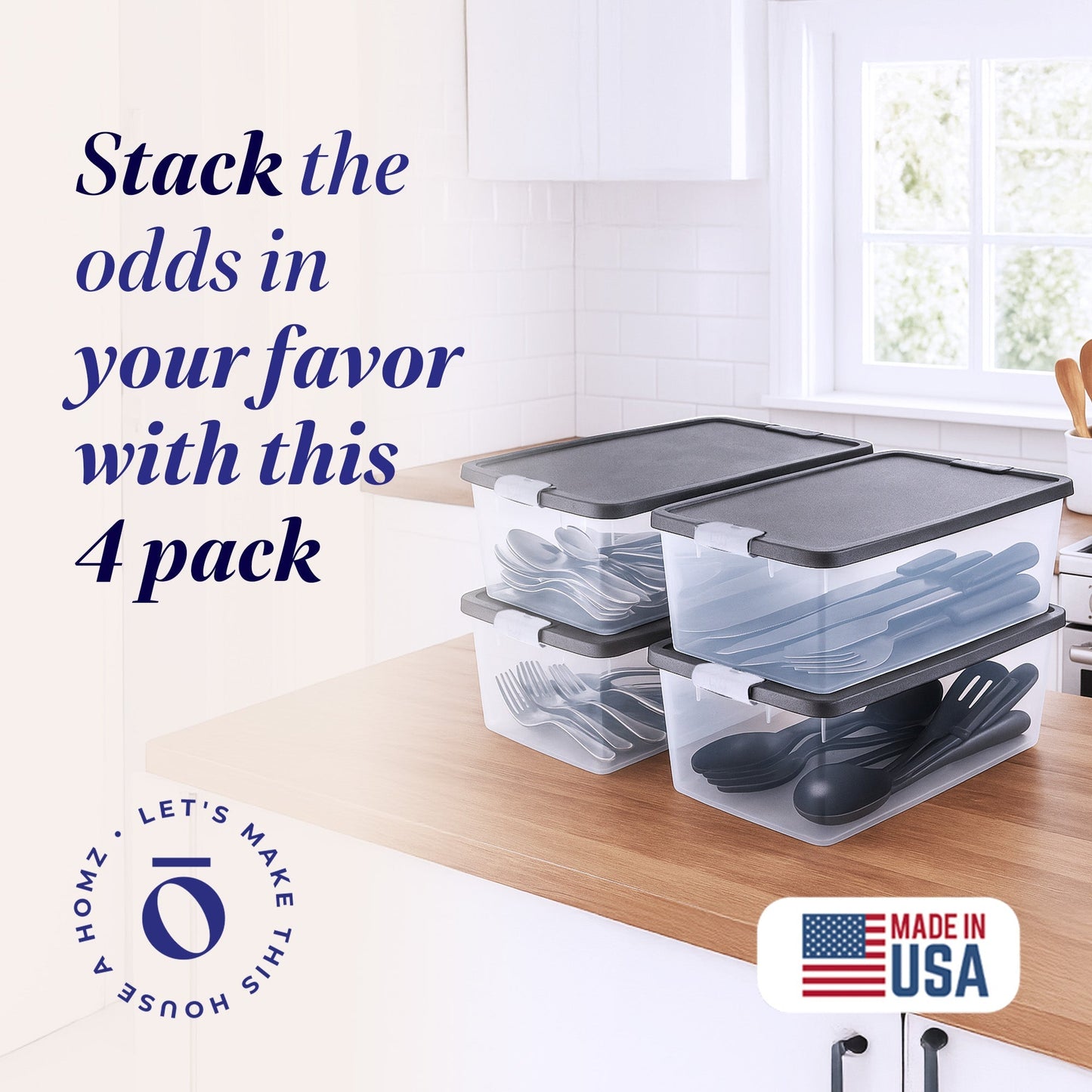 Homz 15 Qt Stackable Plastic Storage Container w/Snaplock Lid, Gray (4 Pack)