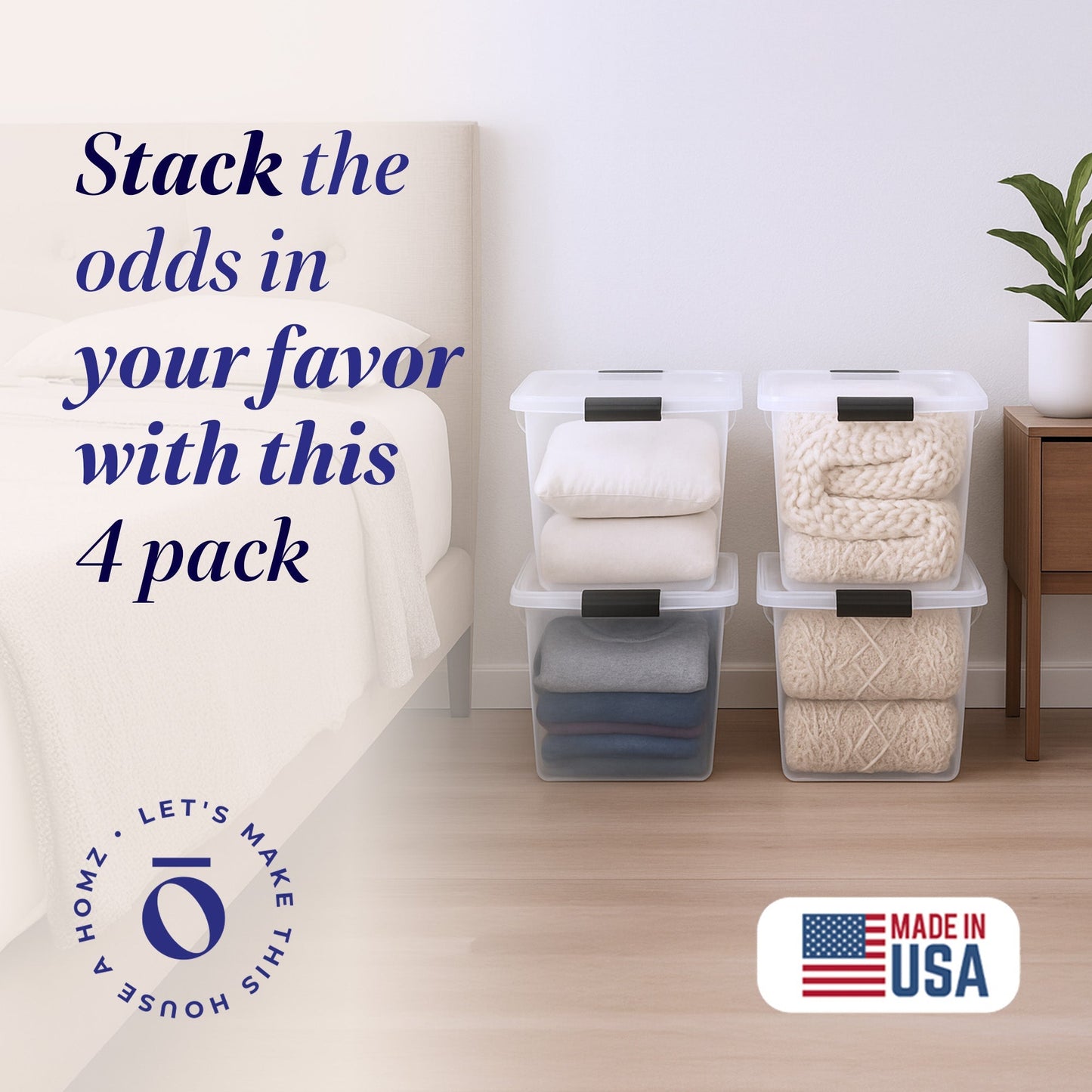 Homz Secure Latch Large Clear Stackable Storage Container Bin, 31 Quart, 4 Count