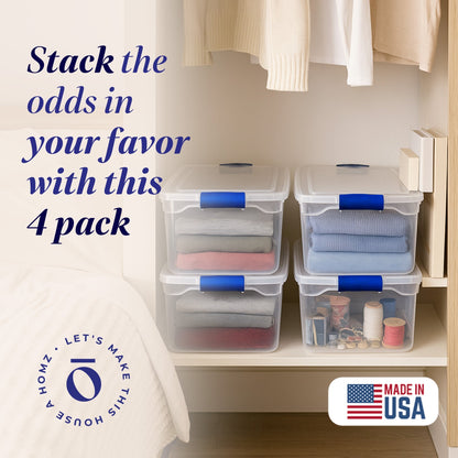 Homz 66-Quart Clear Plastic Stackable Storage Containers w/ Latch Lid, 4 Pack