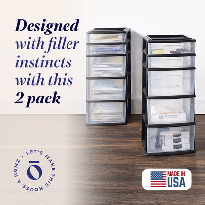 Homz Plastic 5 Drawer Storage Container Tower Closet Organizer, Black, 2 Pack