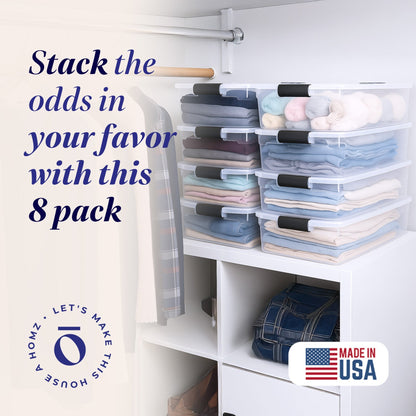 Homz 15.5 Qt Plastic Stackable Home Storage Container w/Lid, Gray Latch (8 Pack)