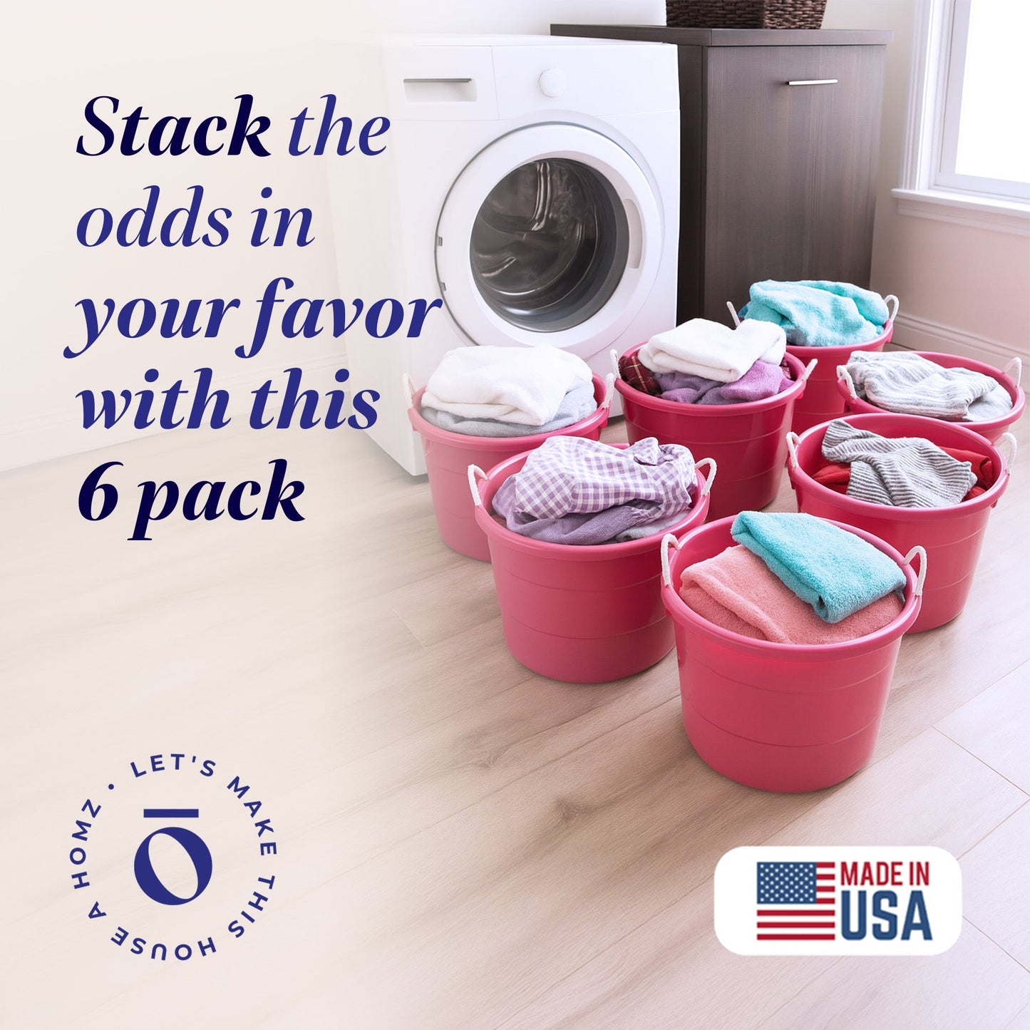 Homz Plastic 18 Gallon Utility Bucket Tub Container with Handles, Pink (6 Pack)