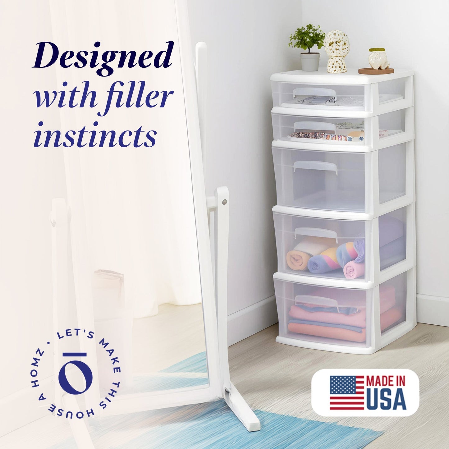 Homz Plastic 5 Drawer Medium Home Storage Cart, White Frame with Clear Drawer