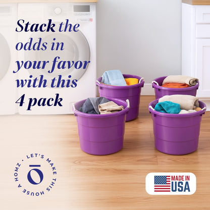 Homz 17 Gallon Indoor Outdoor Storage Bucket w/ Rope Handles, Orchid (4 Pack)