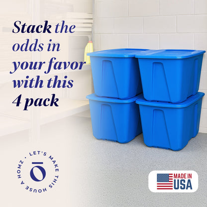 Homz 32 Gallon Standard Plastic Storage Container with Secure Lid, Blue, 4 Pack
