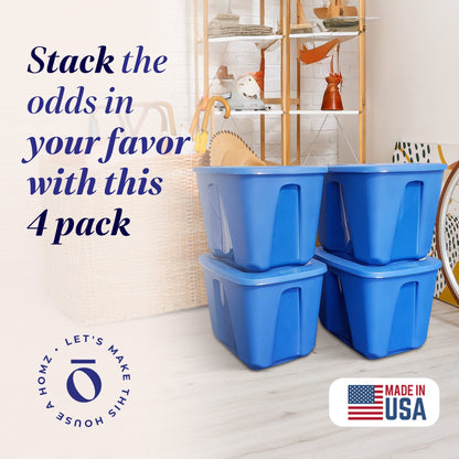 Homz 18 Gallon Standard Plastic Storage Container with Secure Lid, Blue, 4 Pack
