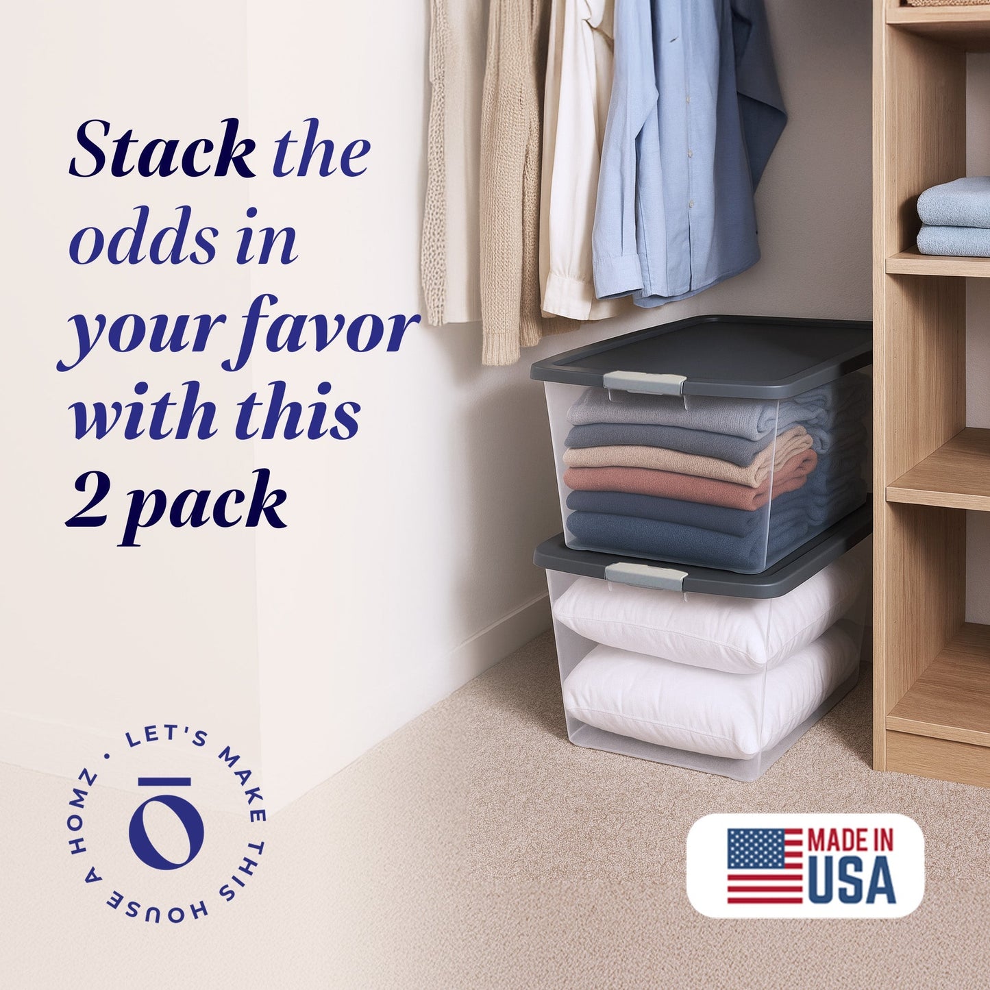 Homz 64Qt Stackable Plastic Storage Bin Container Box w/Latch Lid, Gray (2 Pack)