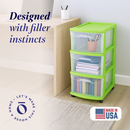 Homz Plastic 3 Drawer Medium Storage Container Tower, Clear Drawers/Lime Frame
