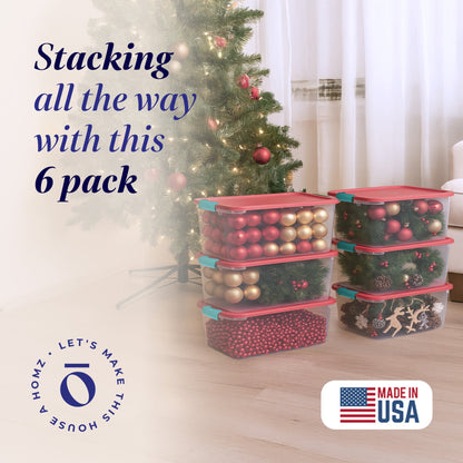 Homz 64 Qt Holiday Seasonal Decor Plastic Storage Bin with Latching Lid, 6 Pack