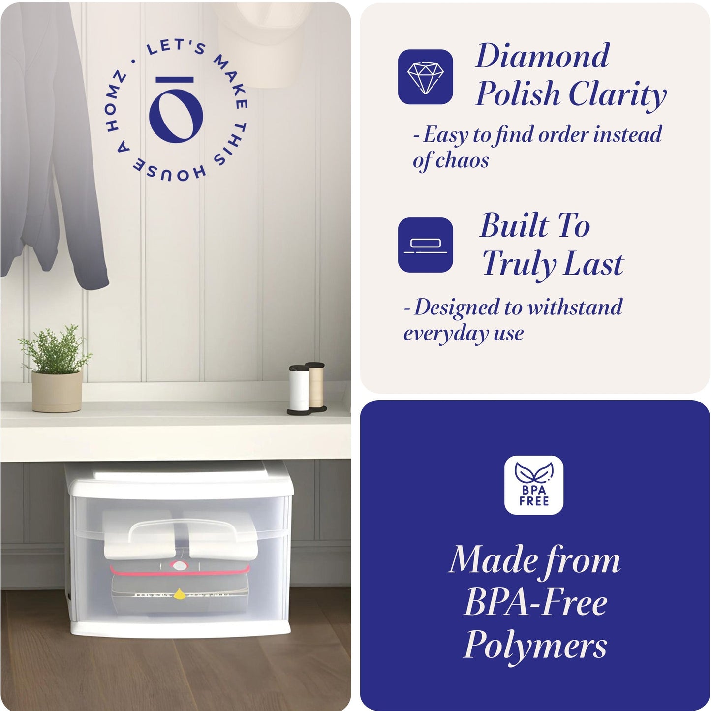 Homz Plastic 1 Drawer Medium Storage Cart, White Frame with Clear Drawer, 2 Pack