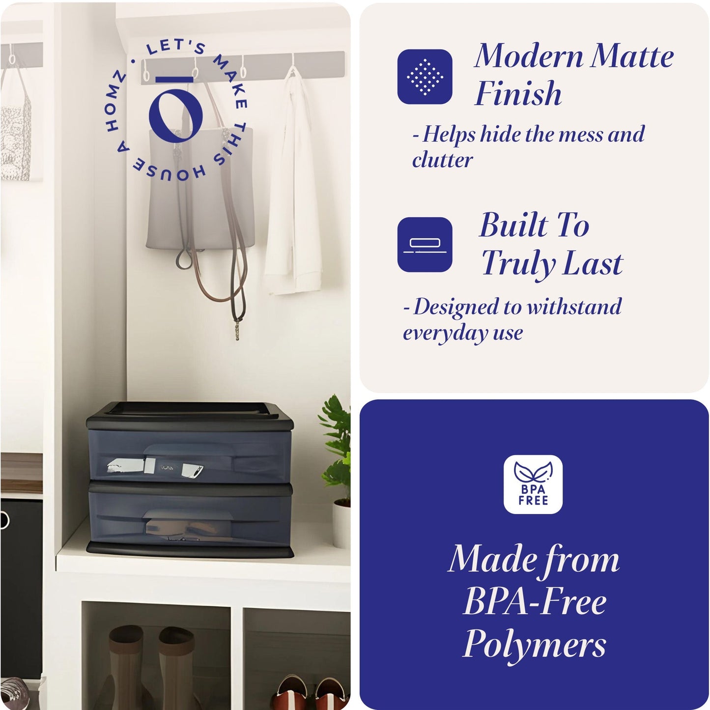 Homz Plastic 2 Drawer Medium Storage Cart, Black Frame with Smoke Drawer, 2 Pack