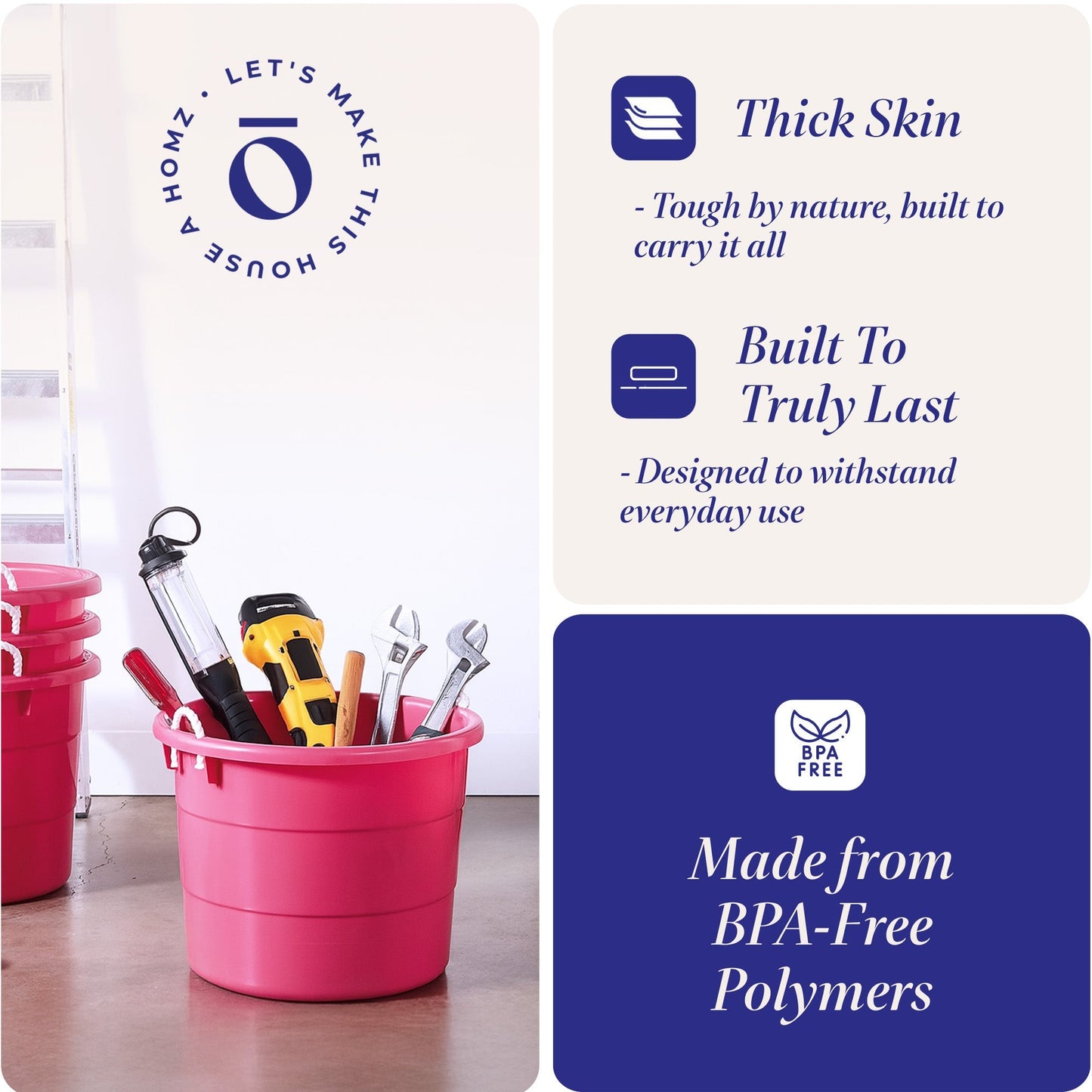 Homz Plastic 18 Gallon Utility Bucket Tub Container with Handles, Pink (2 Pack)