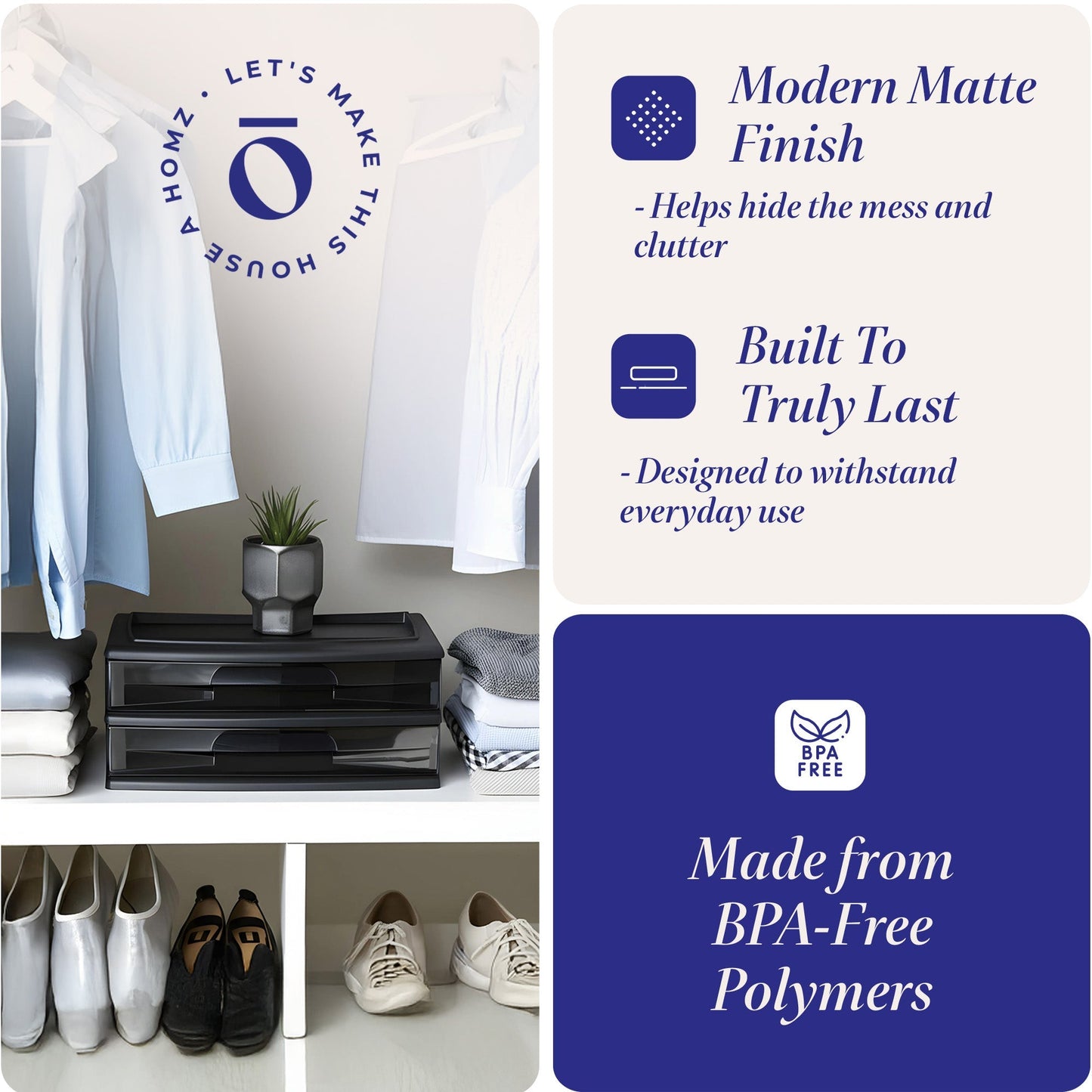 Homz Plastic 2 Drawer Wide Storage Cart, Black Frame with Smoke Drawer, 2 Pack