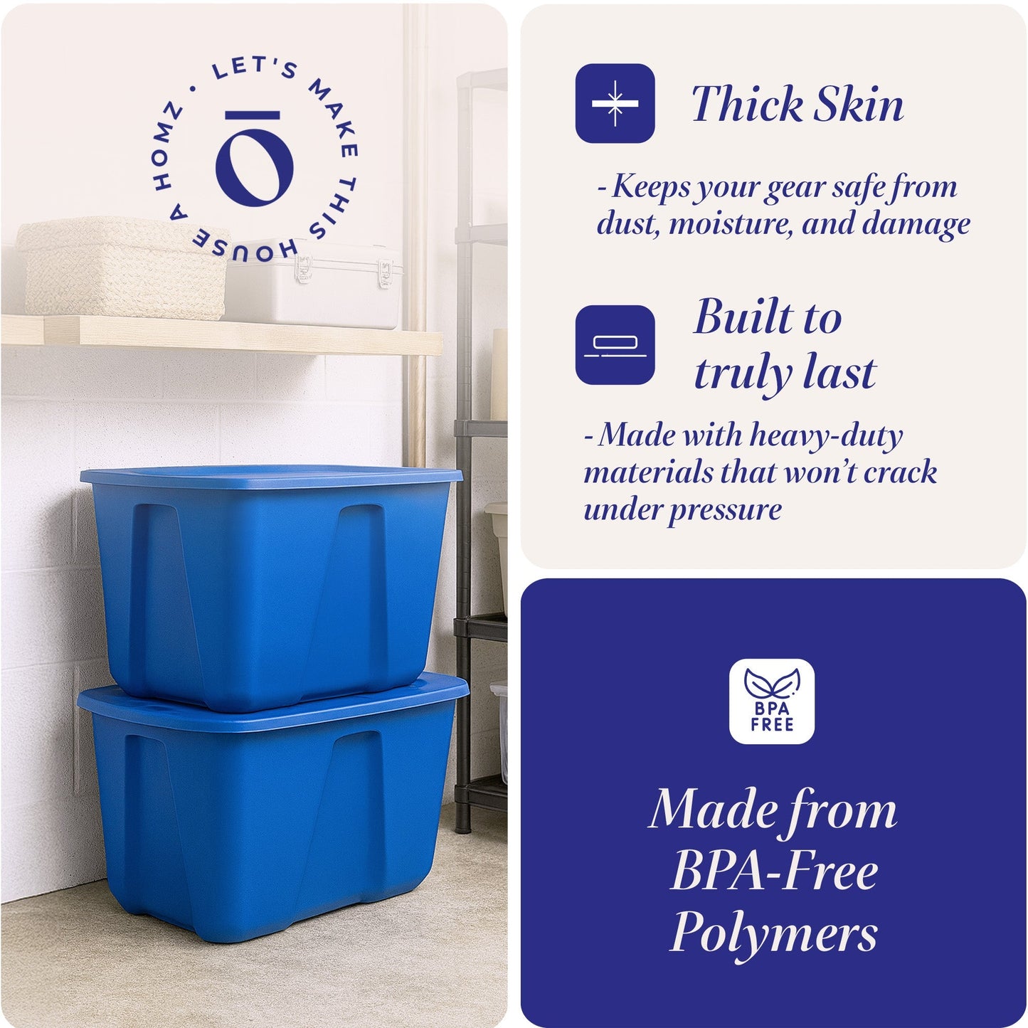 Homz 32 Gallon Standard Plastic Storage Container with Secure Lid, Blue, 4 Pack