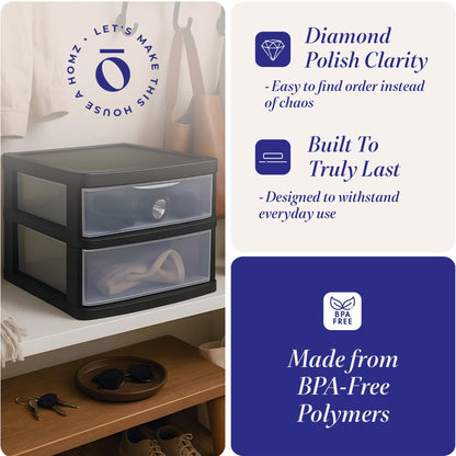 Homz Plastic 2 Drawer Medium Storage Cart, Black Frame with Clear Drawer, 2 Pack