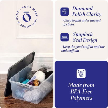 Homz 15 Qt Stackable Plastic Storage Container w/Snaplock Lid, Gray (4 Pack)