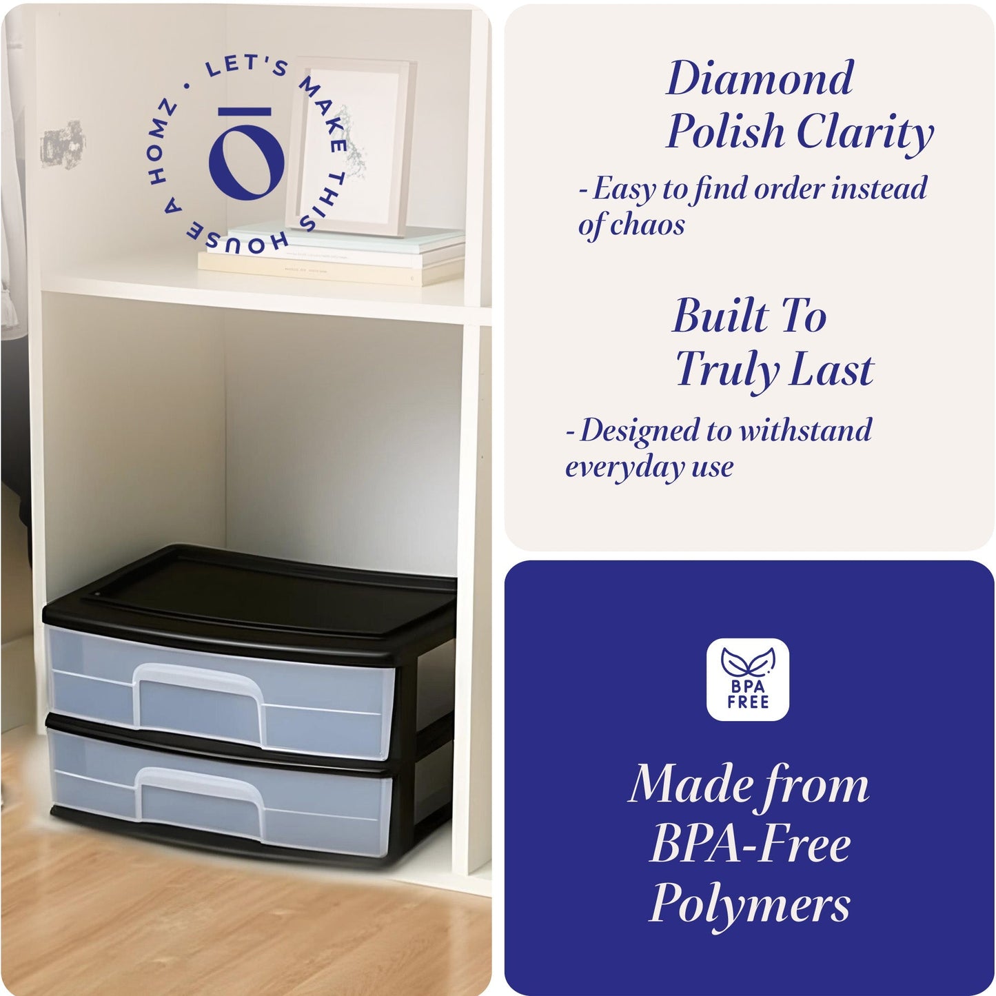 Homz Plastic 2 Drawer Wide Storage Cart, Black Frame with Clear Drawer, 2 Pack