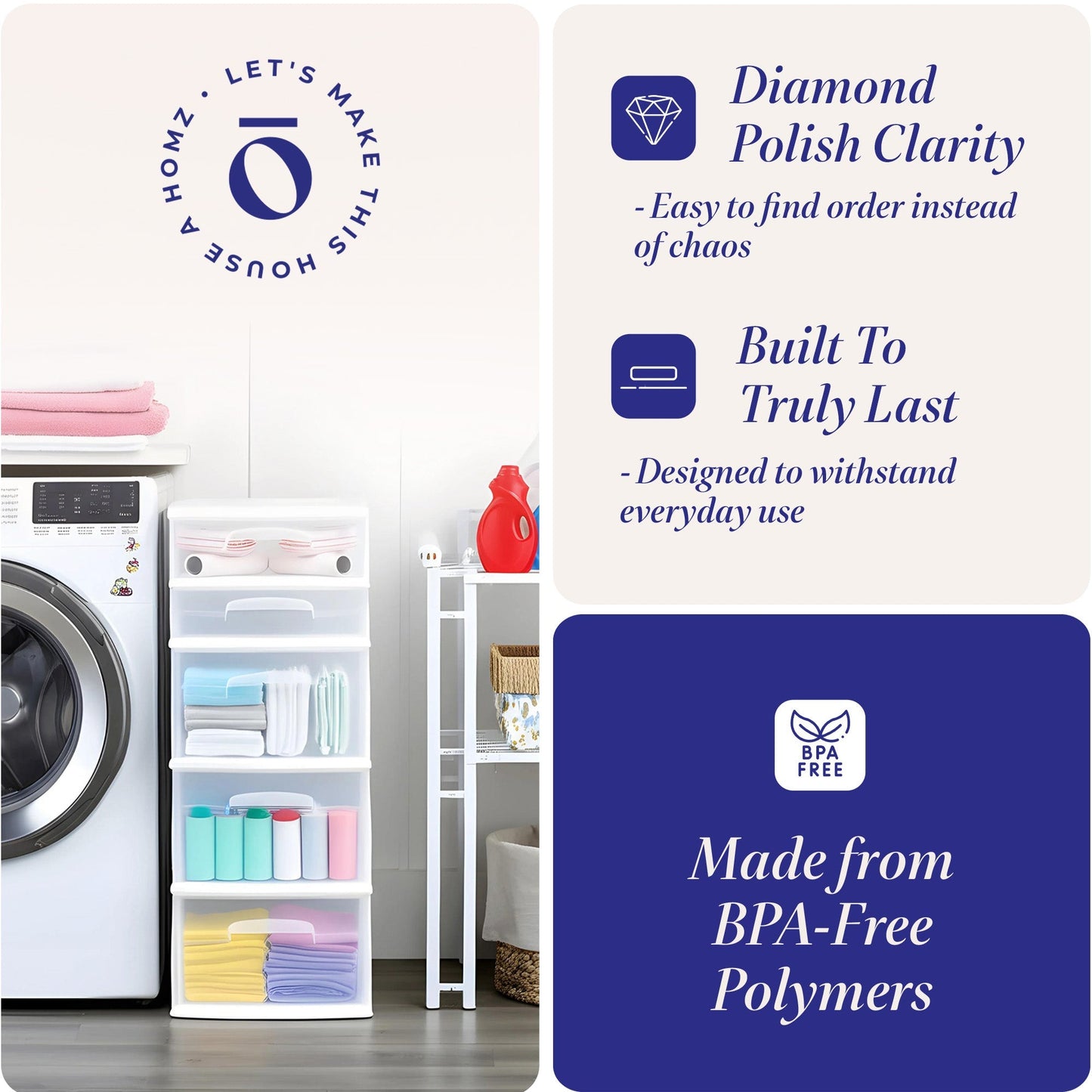 Homz Plastic 5 Drawer Medium Home Storage Cart, White Frame with Clear Drawer