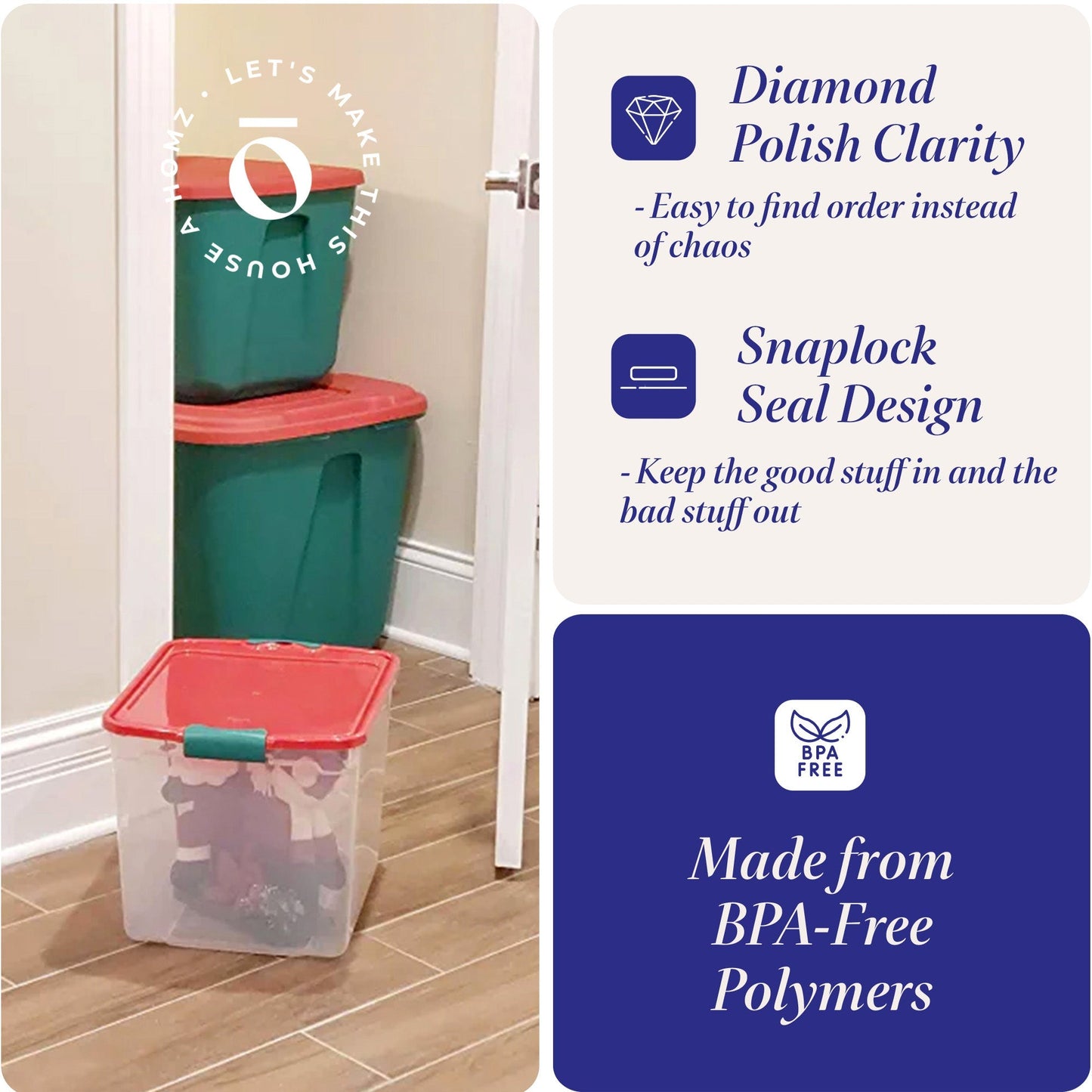 HOMZ 31 Quart Holiday Plastic Storage Container Bin with Latching Lid, 4 Pack