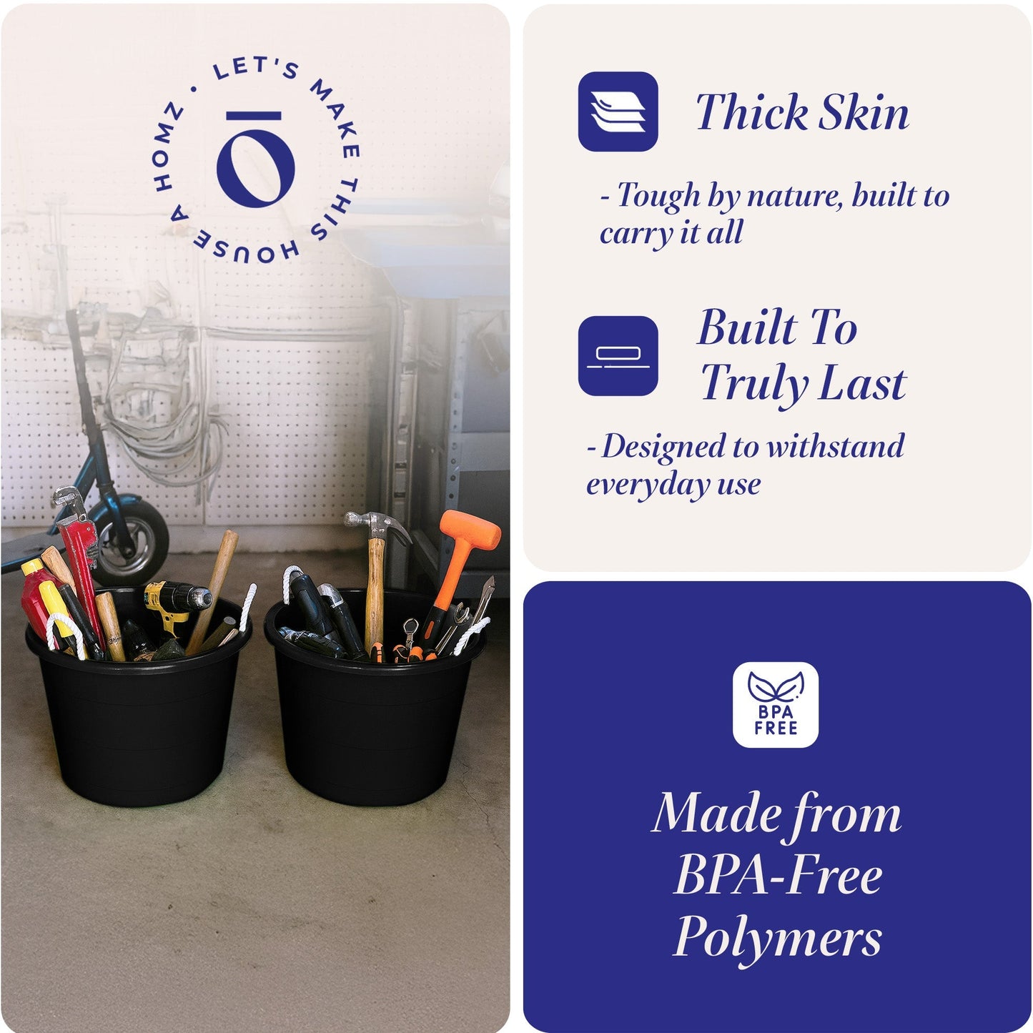 Homz Plastic 17 Gallon Utility Storage Bucket Tub w/ Rope Handle, Black, 4 Pack