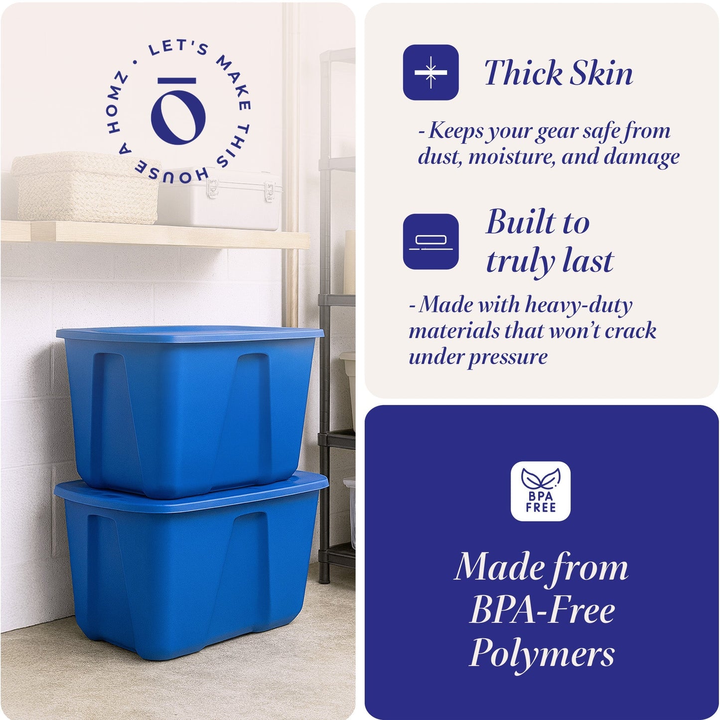 Homz 32 Gallon Standard Plastic Storage Container with Secure Lid, Blue, 2 Pack