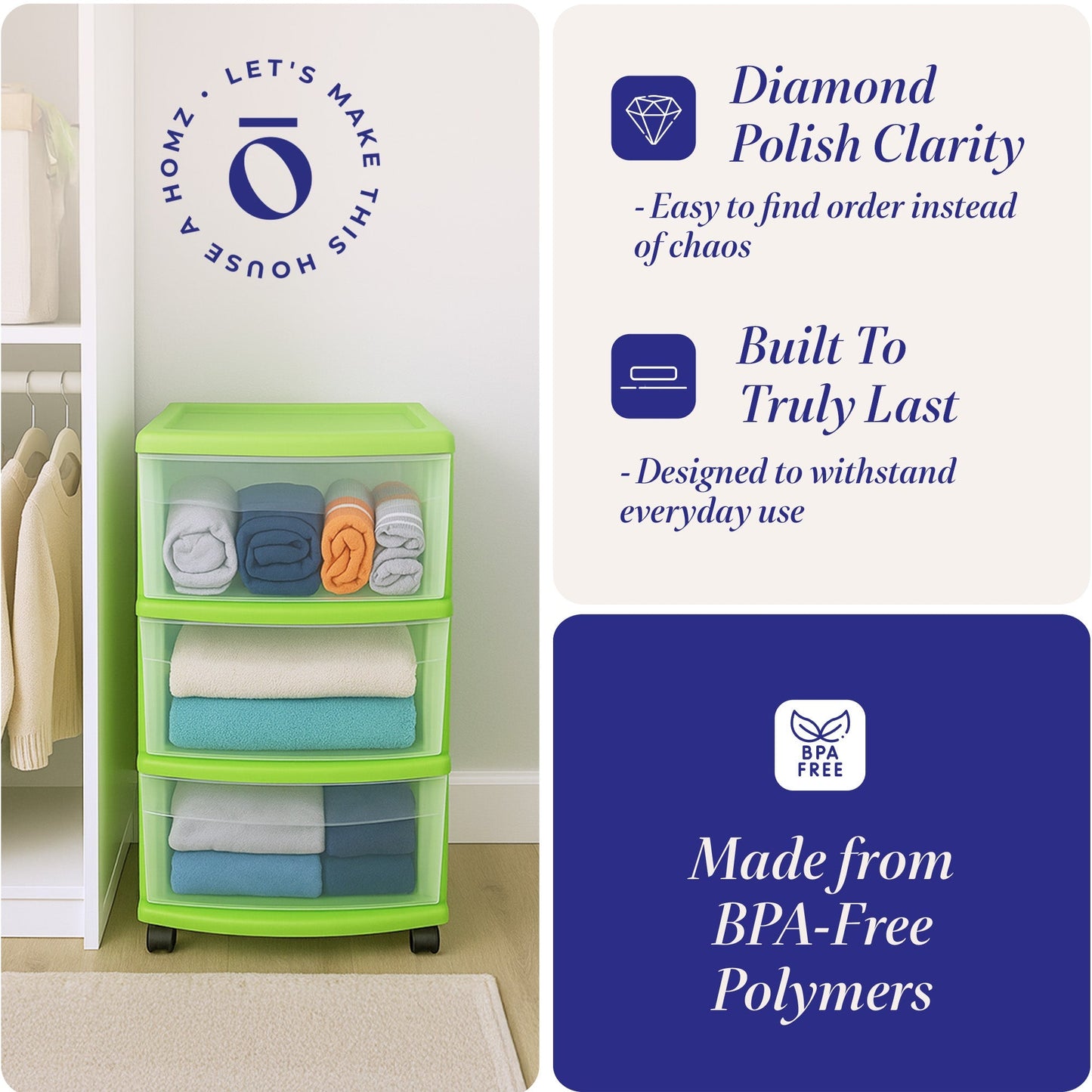 Homz 3 Drawer Medium Storage Container Tower, Clear Drawers/Lime Frame (2 Pack)