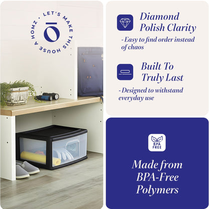 Homz Plastic 1 Drawer Wide Storage Cart, Black Frame with Clear Drawer, 2 Pack