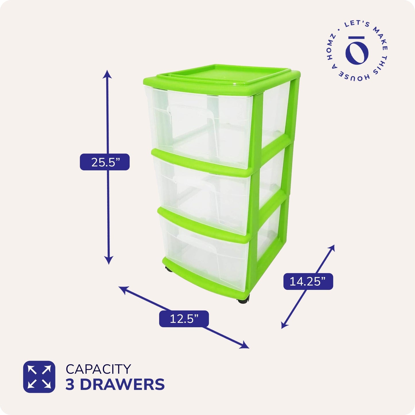 Homz Plastic 3 Drawer Medium Storage Container Tower, Clear Drawers/Lime Frame