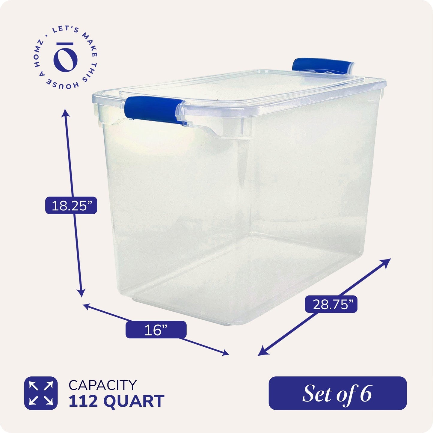 Homz 112-Quart Clear Plastic Stackable Storage Containers w/ Latch Lid, 6 Pack