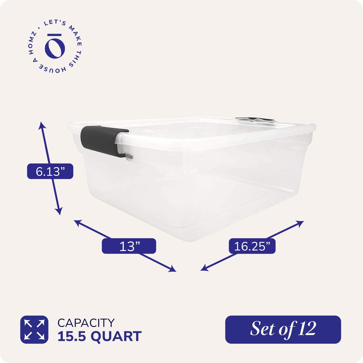 Homz 15.5 Qt Plastic Stackable Storage Container w/Lid, Gray Latch (12 Pack)