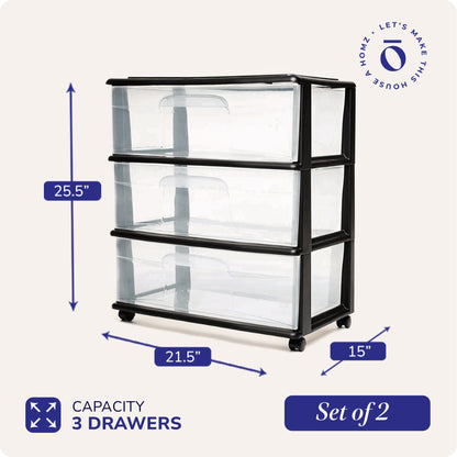 Homz Tall Solid Plastic 3 Drawer Medium Storage Cart with Wheels, Black (2 Pack)