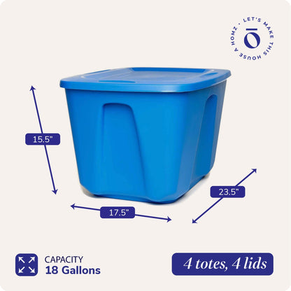 Homz 18 Gallon Standard Plastic Storage Container with Secure Lid, Blue, 4 Pack