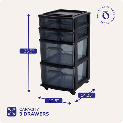 Homz Tall Solid Plastic 4 Drawer Medium Storage Cart with Wheels, Black (2 Pack)