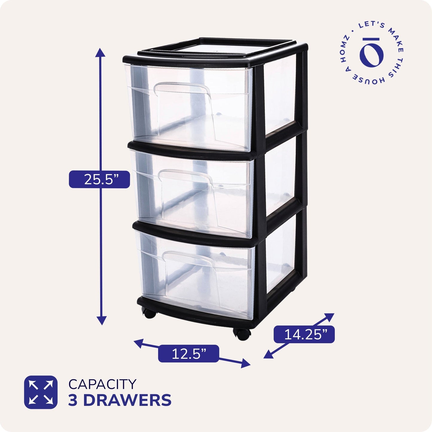Homz Plastic 3 Drawer Medium Home Storage Container, Clear Drawers & Black Frame