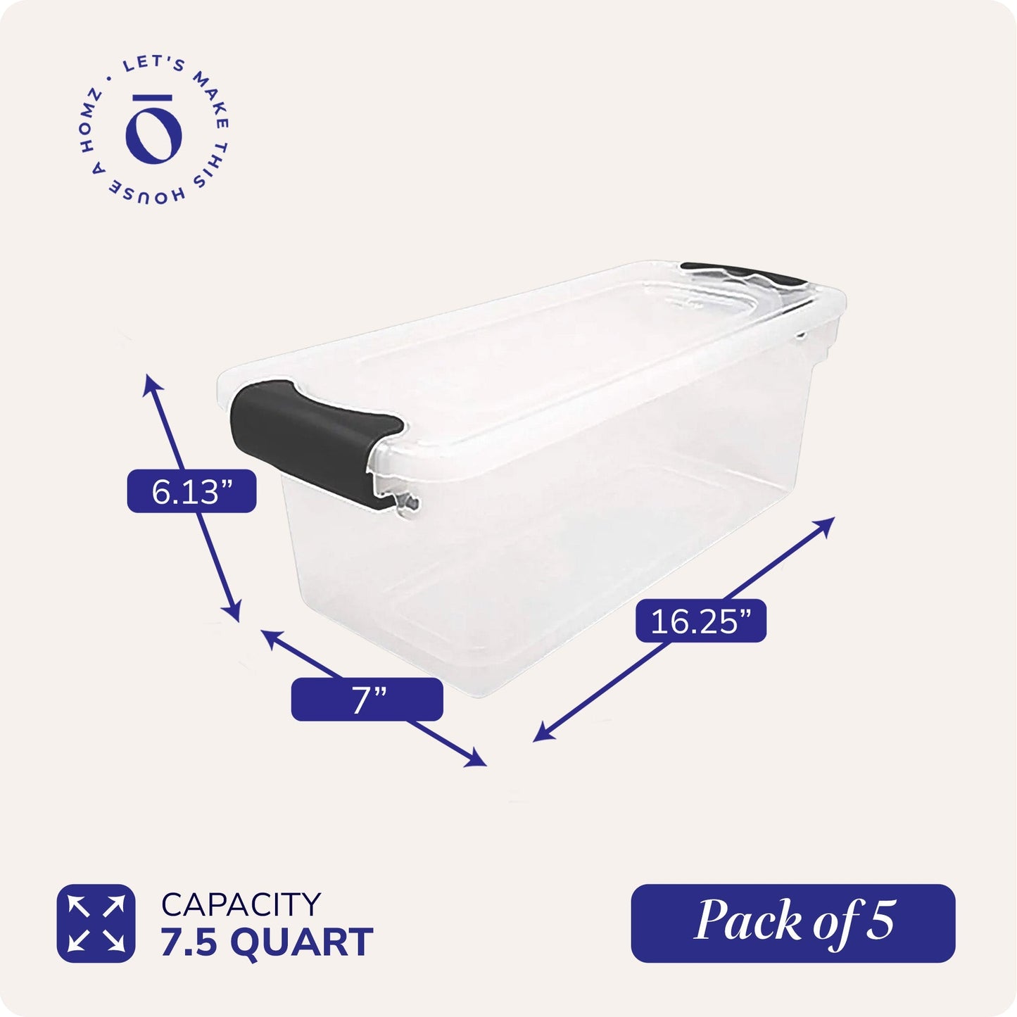 Homz 7.5 Qt Clear Storage Organizing Container Bin with Latching Lids, (5 Pack)