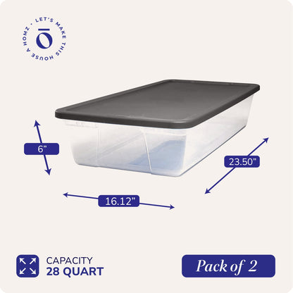 Homz Snaplock 28 Quart Clear Under Bed Storage Container Bin with Lid, (2 Pack)
