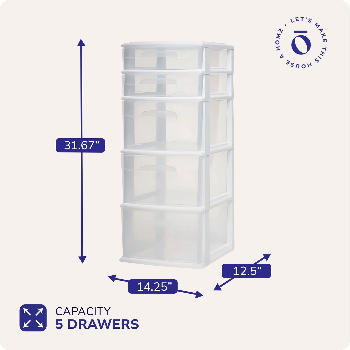 Homz Plastic 5 Drawer Medium Home Storage Cart, White Frame with Clear Drawer