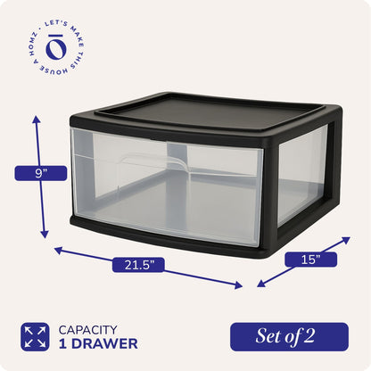 Homz Plastic 1 Drawer Wide Storage Cart, Black Frame with Clear Drawer, 2 Pack