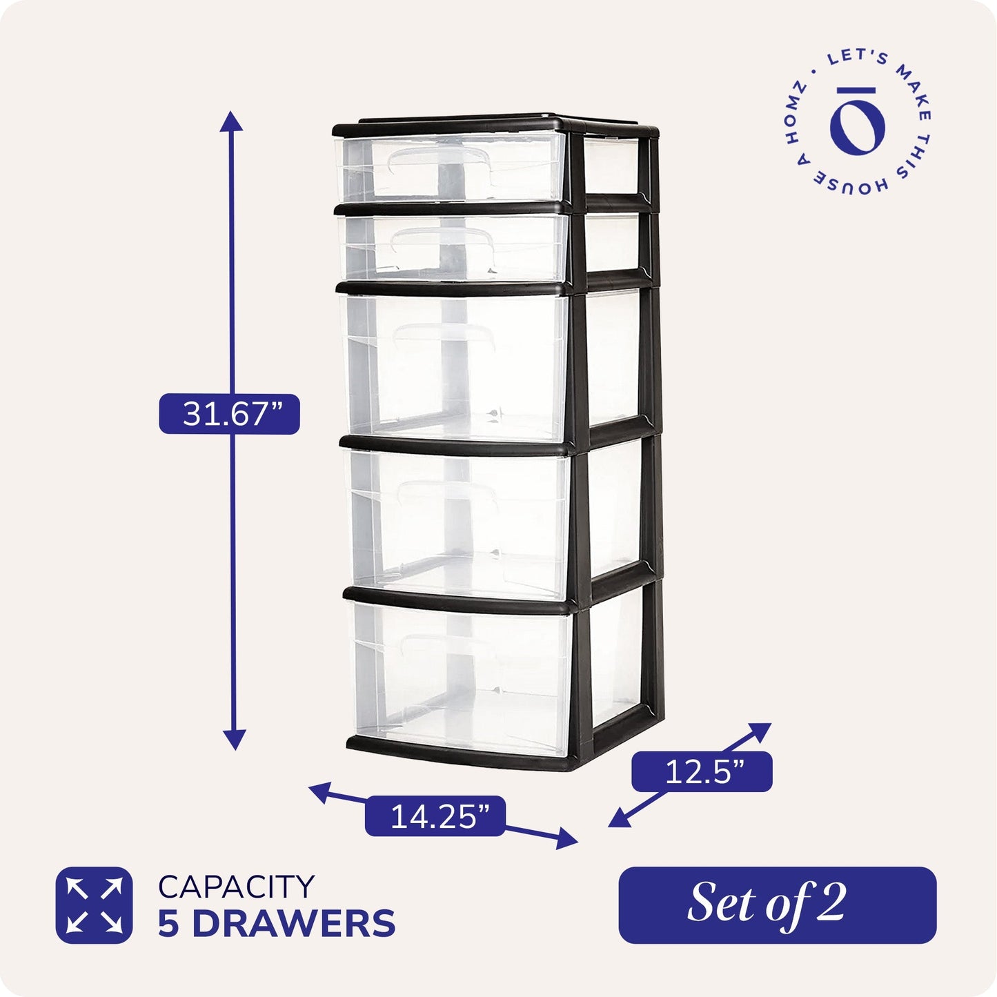 Homz Plastic 5 Drawer Storage Container Tower Closet Organizer, Black, 2 Pack