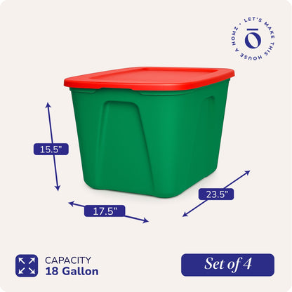 HOMZ 18 Gallon Heavy Duty Plastic Holiday Storage Totes, Green/Red (4 Pack)