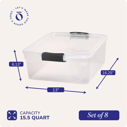 Homz 15.5 Qt Plastic Stackable Home Storage Container w/Lid, Gray Latch (8 Pack)