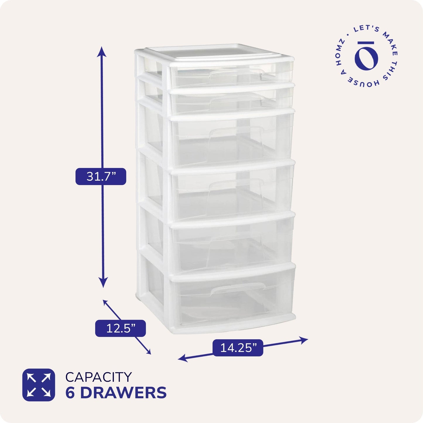 Homz Plastic 6 Clear Drawer Medium Home Storage Container Tower, White Frame