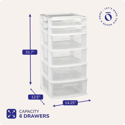 Homz Plastic 6 Clear Drawer Medium Home Storage Container Tower, White Frame