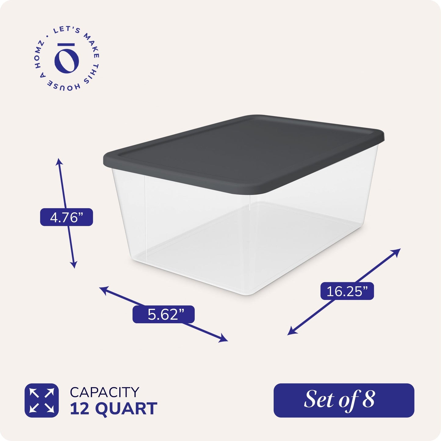 Homz 12 Qt Stackable Plastic Storage Container with Snaplock Lid, Gray (8 Pack)