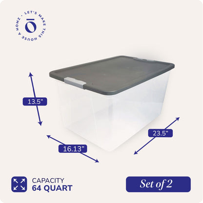 Homz 64Qt Stackable Plastic Storage Bin Container Box w/Latch Lid, Gray (2 Pack)